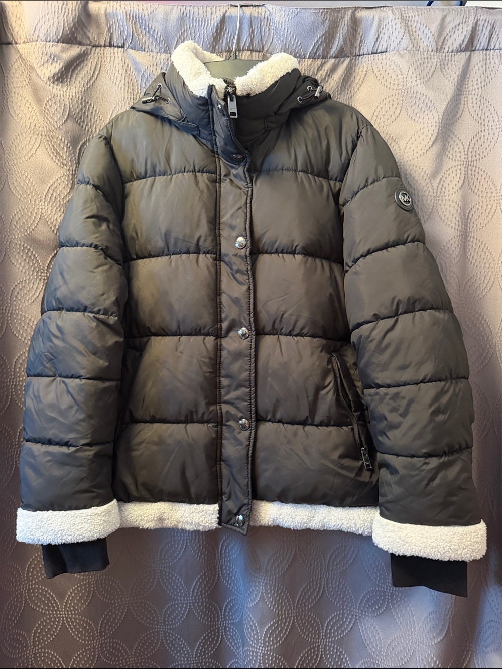 Michael Kors BlackPuffer Jacket with White Sherpa Trim